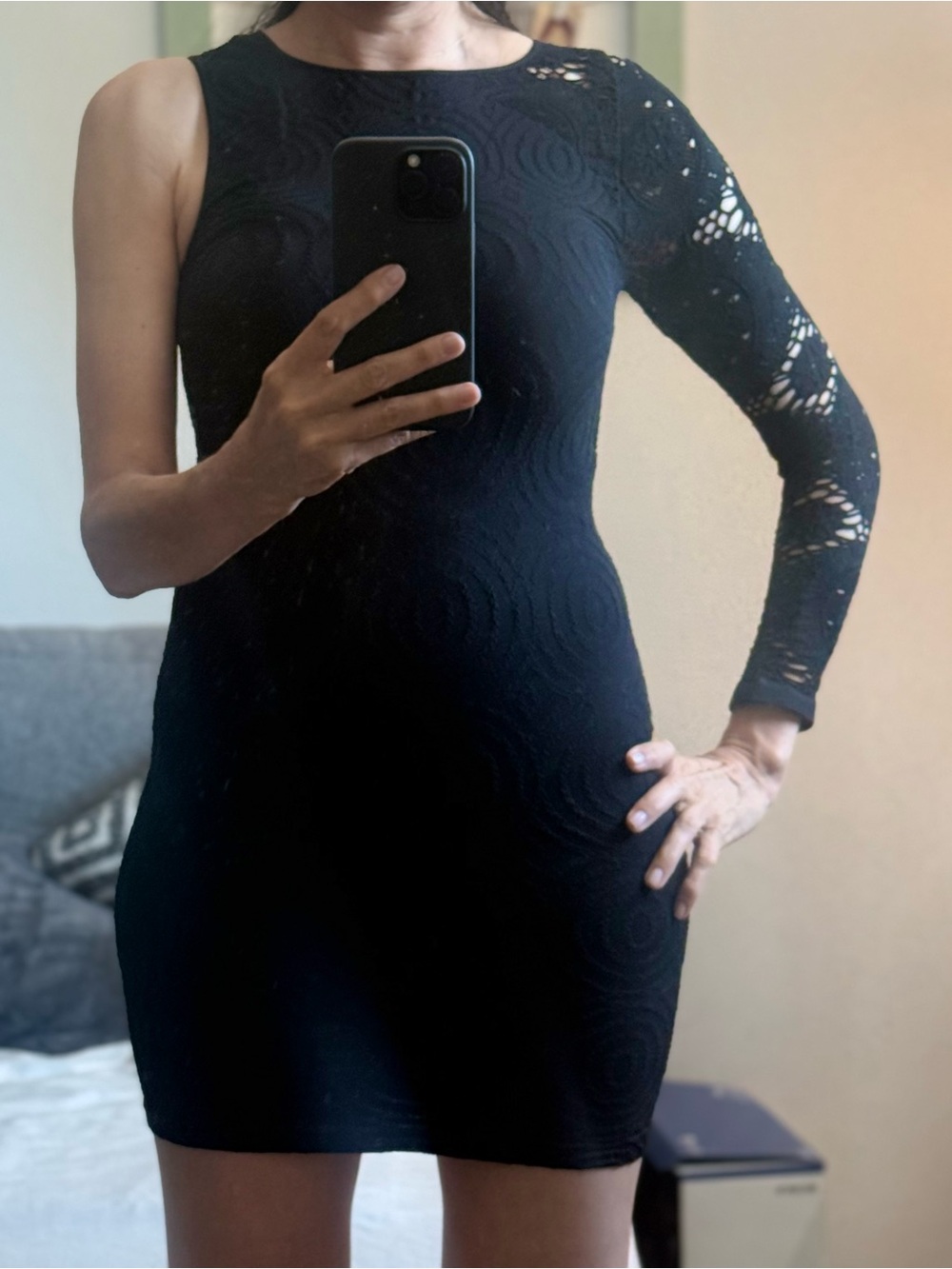 Bebe One-Shoulder Black Lace Sleeve Dress